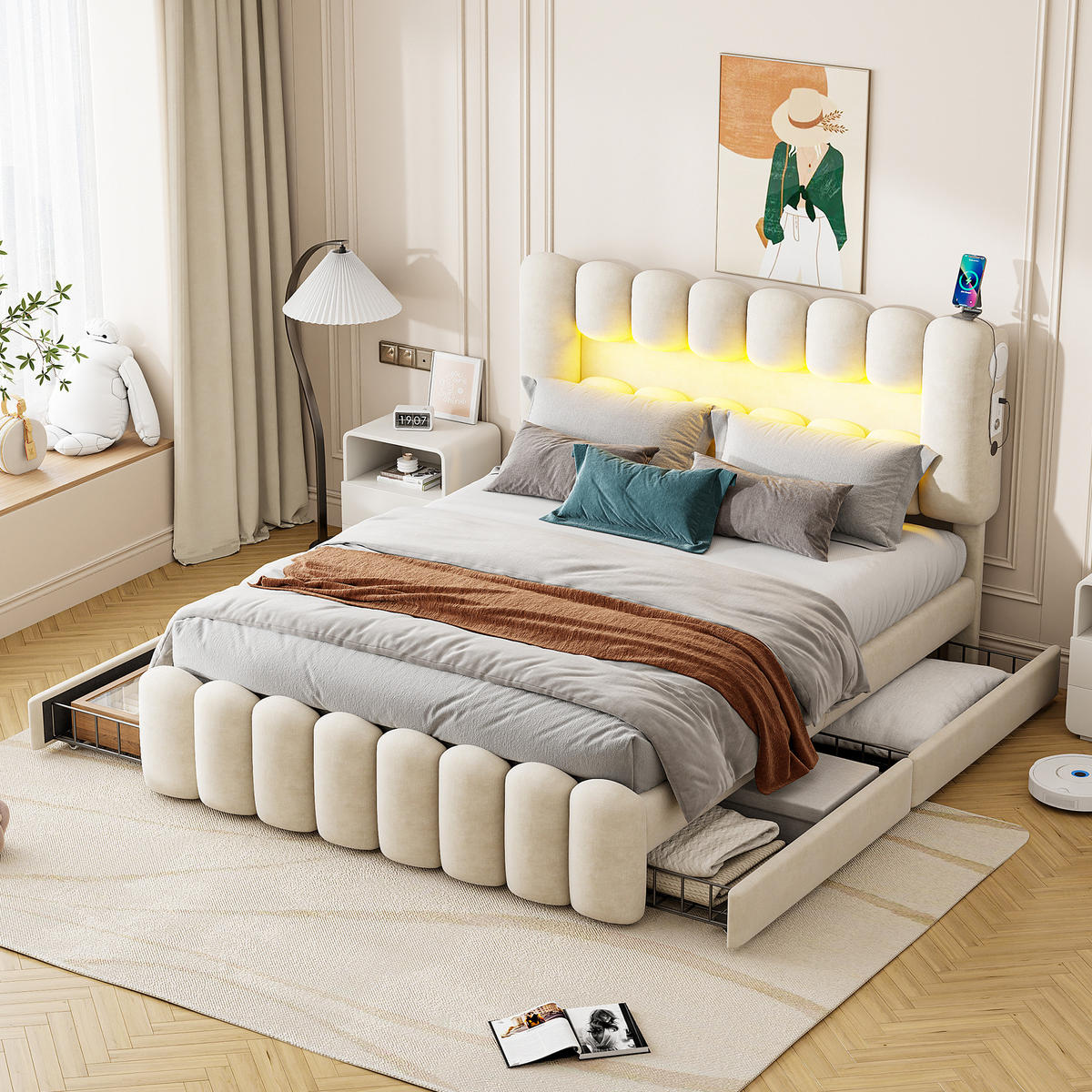 POLSTERBETT mit 4 Schubladen 160x200 cm Samt Beige mit LED, USB und Lautsprechern - Beige, Metall (160/200cm) - Meubliv