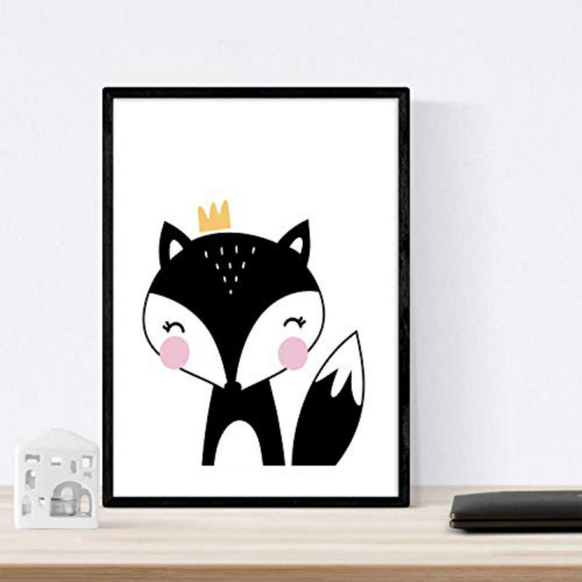 POSTER Set mit 4 Fox, Leon, Katze und Tiger Tieren A3 Schwarzer Rahmen - Schwarz, Papier (29.7/3cm) - Nacnic