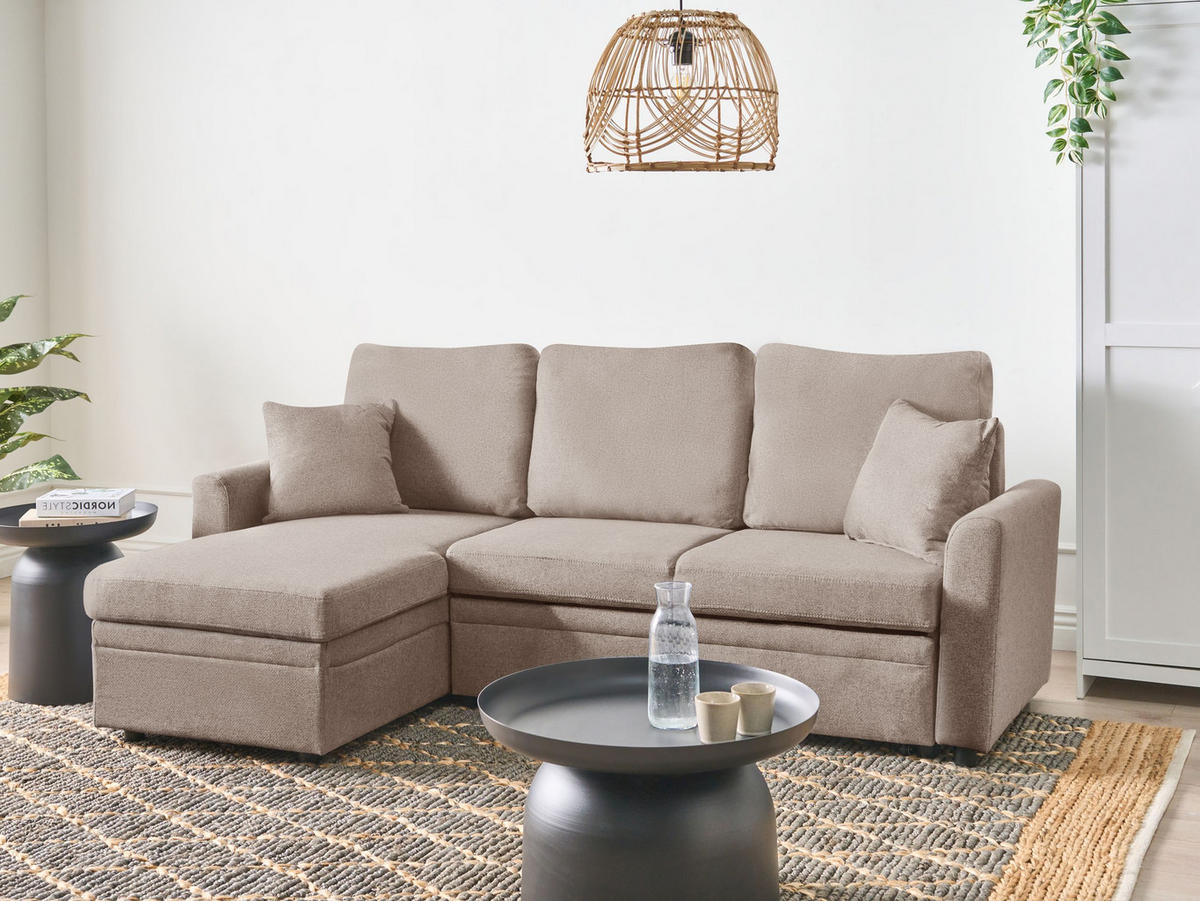 ROZKLÁDACÍ ROHOVÁ POHOVKA 3-místná Umělý len Světle hnědá pravostranná Nassjo - světle hnědá, textil (210/131cm) - Beliani