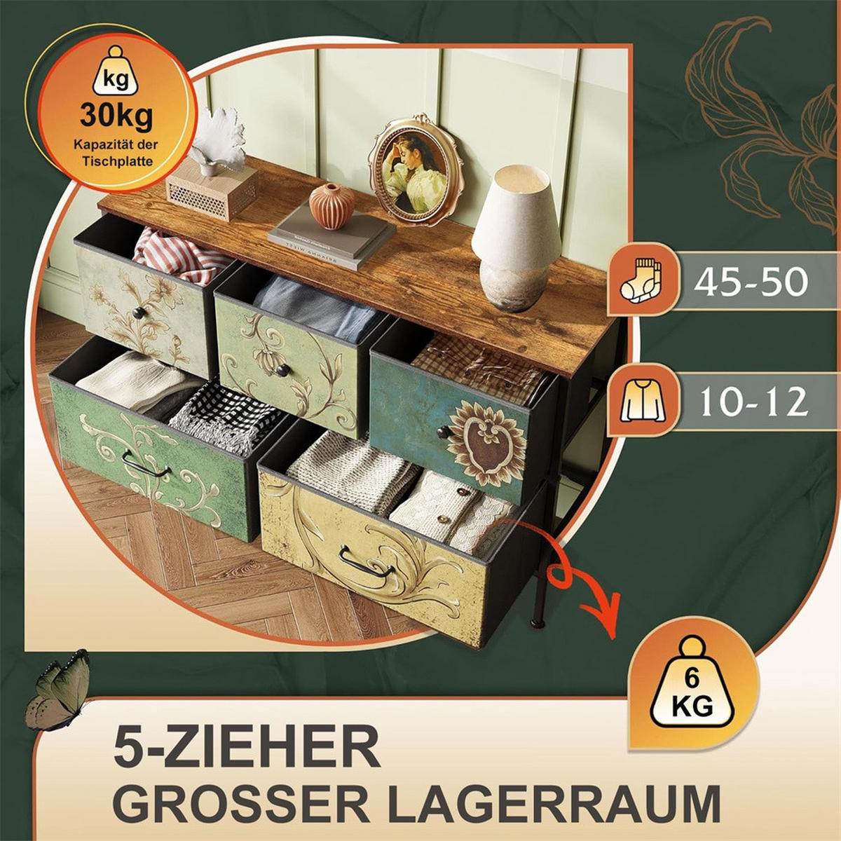 KOMMODE mit 5 Schubladen - bunte Vintage-Muster und Schwarzer Griff - Mehrfarbig - Multicolor, Metall (100/55.2/30cm) - DELFA