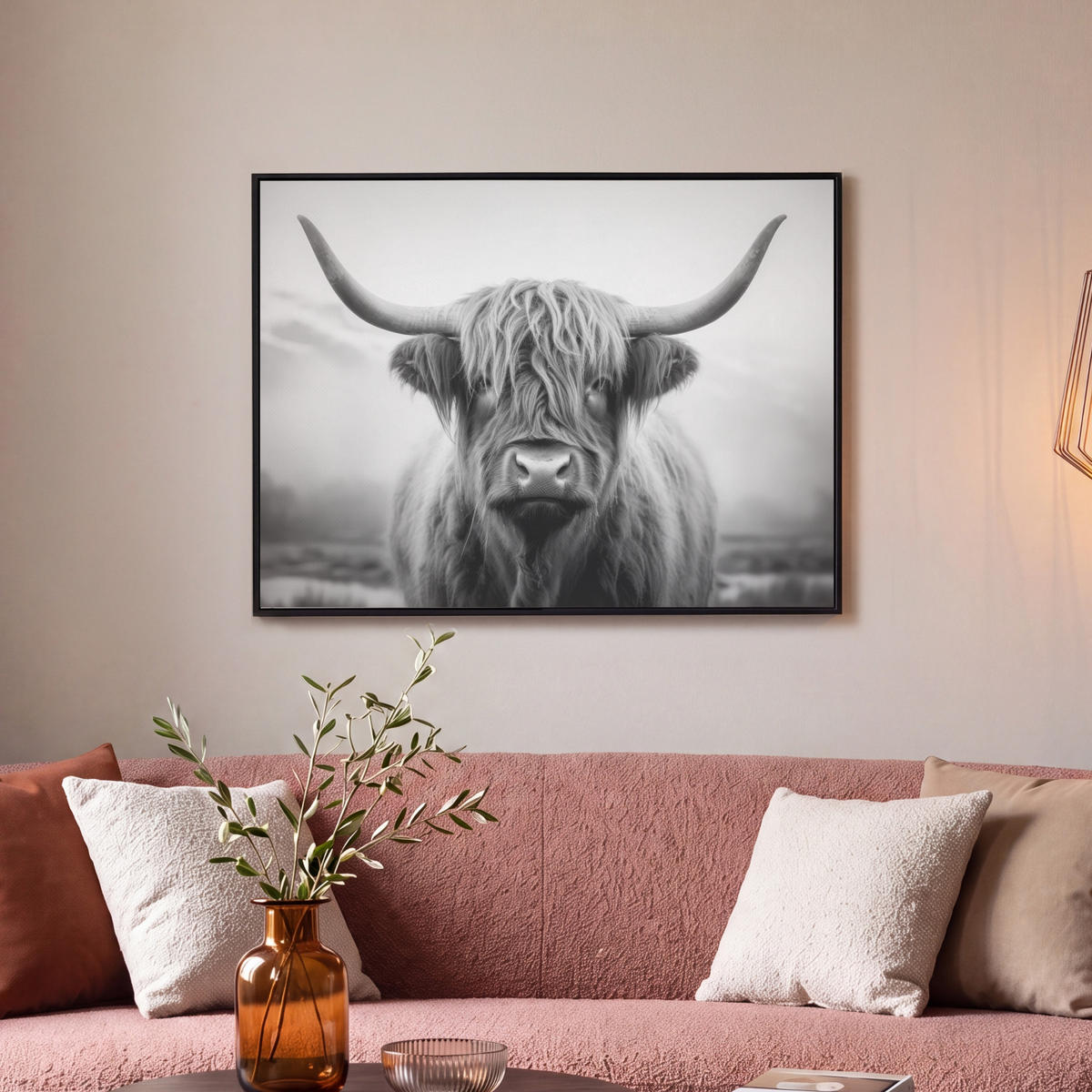 LEINWAND Bilder mit Rahmen - Schottischer Highlander - Nebel - Schwarz - Weiß - 80x60 - Grau, Textil (80/60cm) - MuchoWow