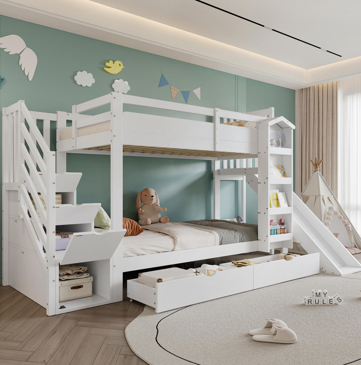 ETAGENBETT 90/200 cm aus Kiefer und MDF mit Rutsche, Treppenregal und 2 Schubladen Weiß - Weiß, Holz (90/200cm) - Modenvie