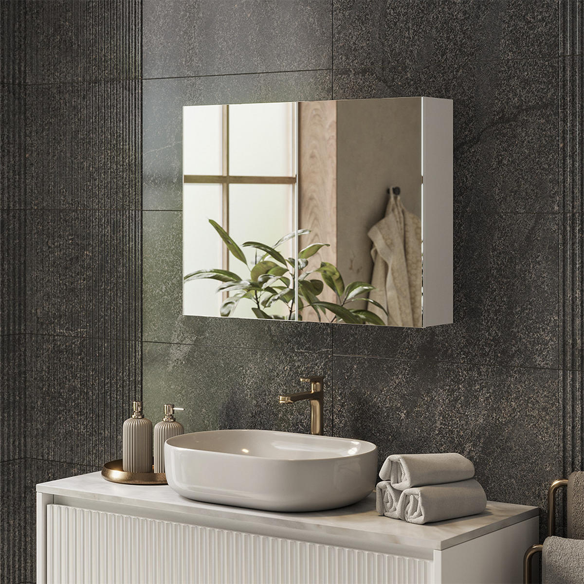 KOPALNIŠKA OMARICA Z OGLEDALOM Lavia, Bela, 80 x 60.2 cm - bela, leseni material (80/170/17cm) - Vicco