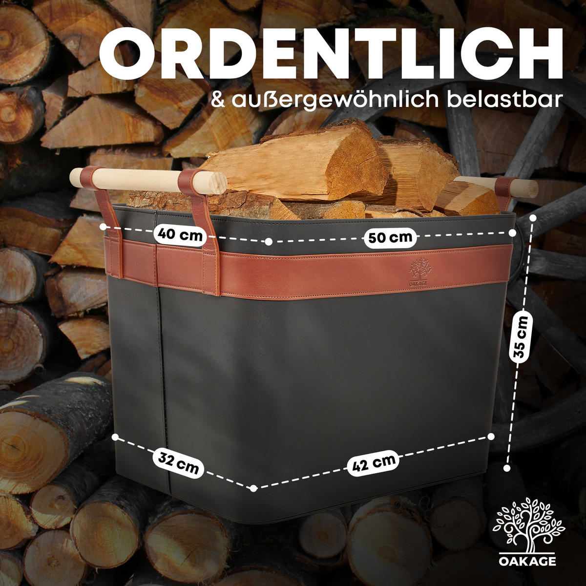 KAMINHOLZKORB LuxeLeather veganes Leder mit ausreißsicheren Holzgriffen 50/40/35 cm - Schwarz, Kunststoff (40/35/50cm) - OAKAGE