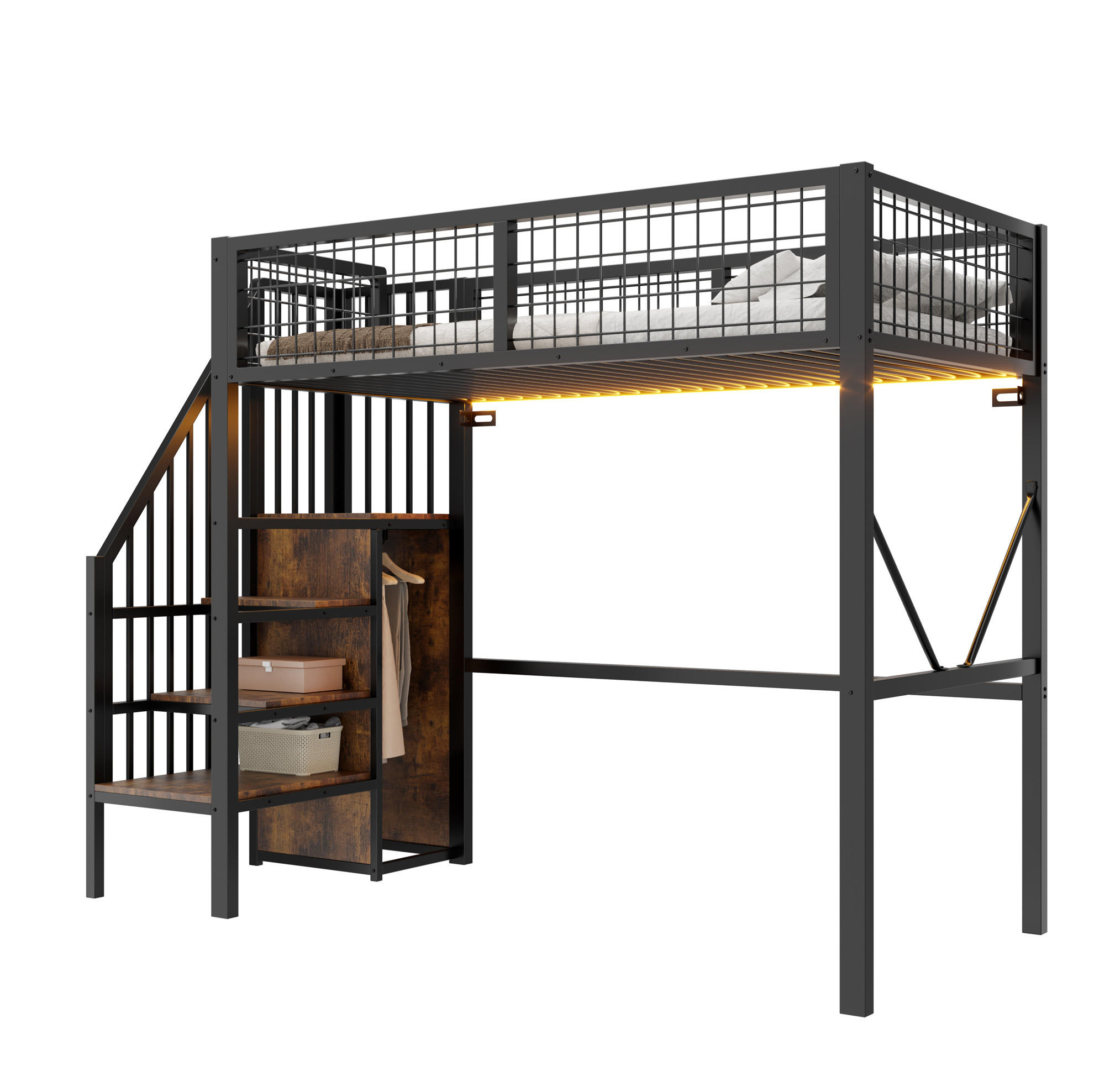 HOCHBETT aus Metall und Holz 90x200 cm Schwarz mit Stauraumleiter und LED-Beleuchtung - Schwarz, Metall (90/200cm) - Modfu