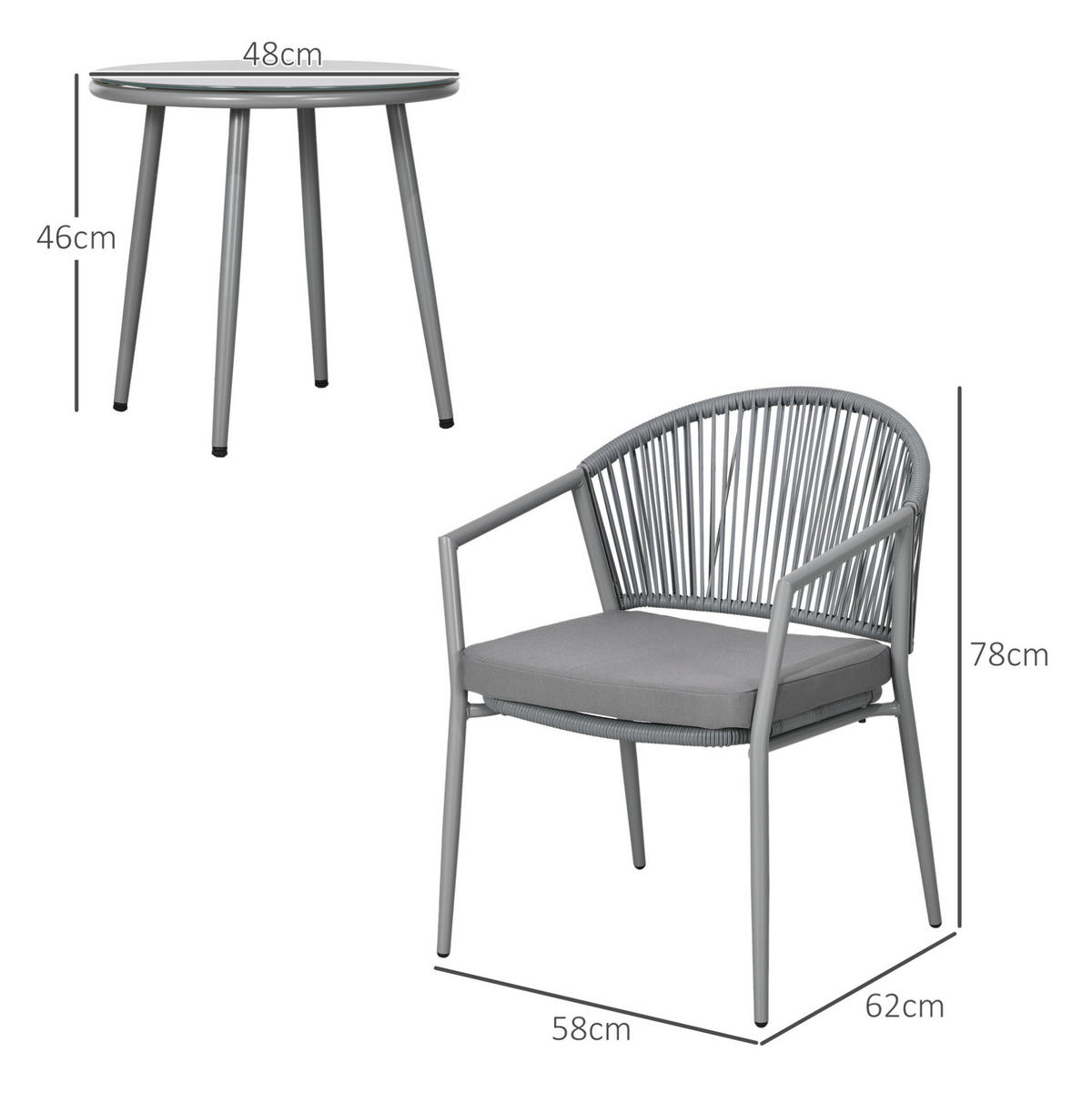 GARTENMÖBEL-SET 58/62/78 cm mit 2 Sesseln und Beistelltisch in Rattanoptik mit Hartglasplatte, Hellgrau - Hellgrau, Naturmaterialen - Redom