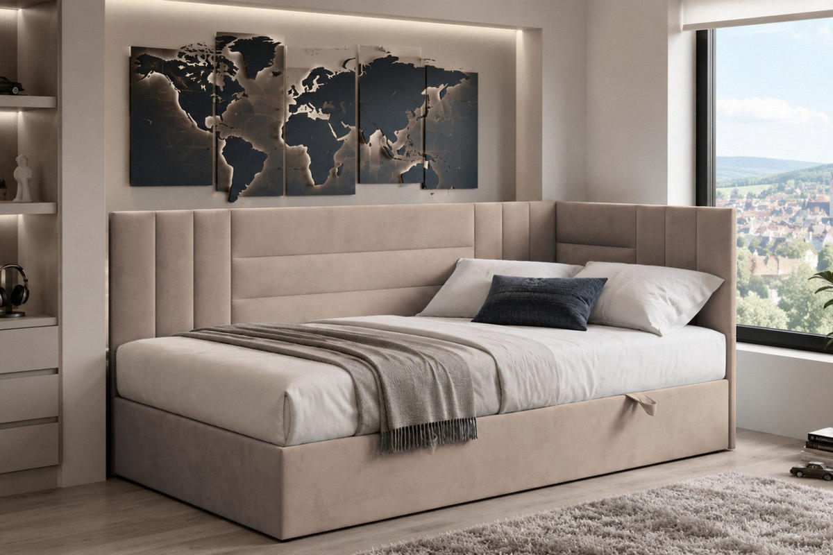 BOXBETT KAYA 100/200 in Velours Beige H3 rechts - Beige, Holz/Holzwerkstoff (100/200cm) - Deine Möbel 24