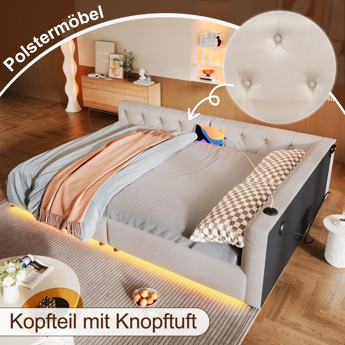 SCHLAFSOFA 140x200cm Beige Leinen LED-Licht Kopfteil USB-C - Beige, Holz (140/200cm) - FLIEKS