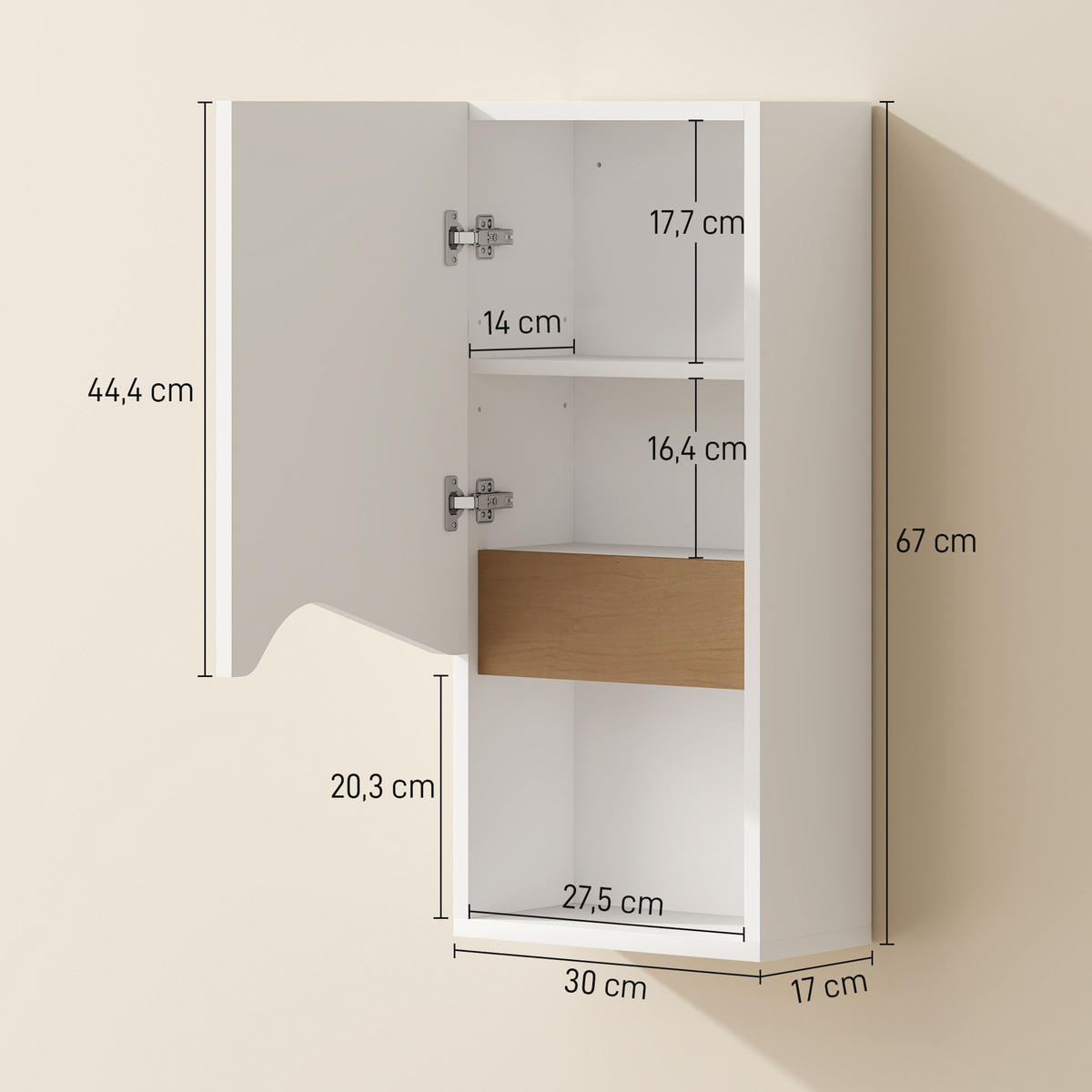 BADEZIMMERSCHRANK Wandschrank mit Soft-Close-Tür und offenem Fach Weiß - Weiß, Holzwerkstoff (17/67/30cm) - HOMCOM