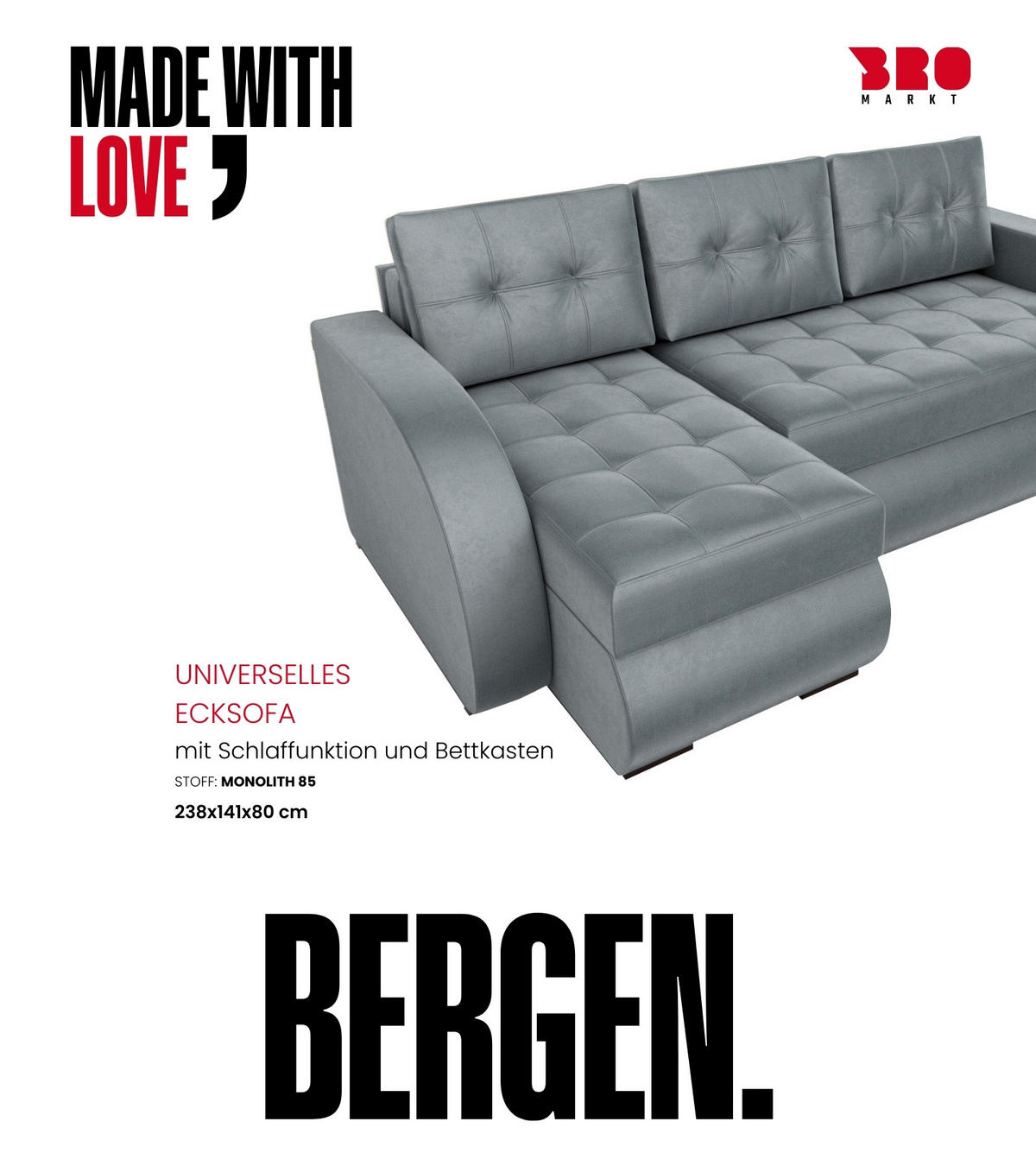 ECKSOFA Bergen mit Schlaffunktion Grau Samtstoff - Grau, Textil (238/141cm) - Bromarkt