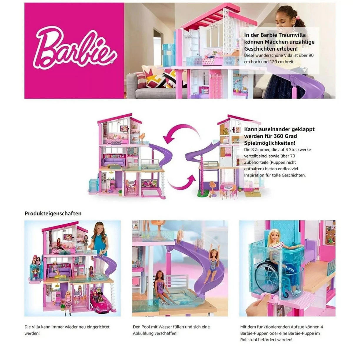 PUPPENHAUS Dreamhouse Barbie Villa 3 Etagen Spielset, Puppenvilla, Spielhaus, Kinder Spielzeug, Barbie Haus, Zubehör Set, Rollenspiel, Kinderzimmer - Pink, Kunststoff (120/90/21.6cm) - Barbie