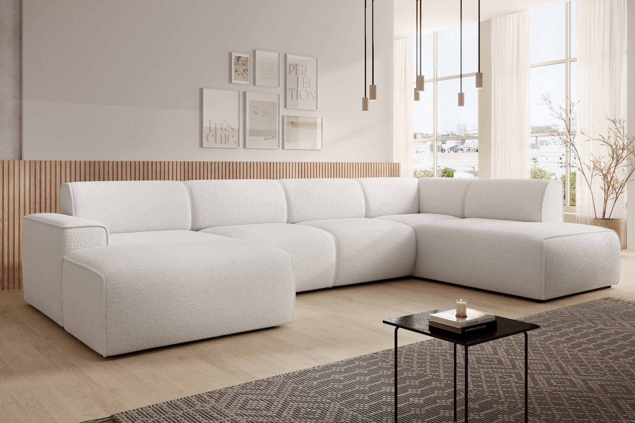 WOHNLANDSCHAFT Didim Weiß 378/220/78 cm – großes Sofa stilvoll & bequem R - Schwarz/Weiß, Kunststoff/Textil (378/78/220cm) - AX Living