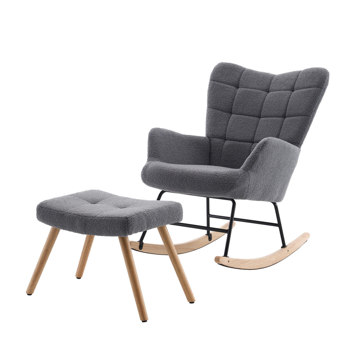 SCHAUKELSTUHL in Grau mit weichem Sherpa-Bezug und Fußhocker - Naturfarben/Grau, Holz/Textil (68/91/88cm) - CHICFURN