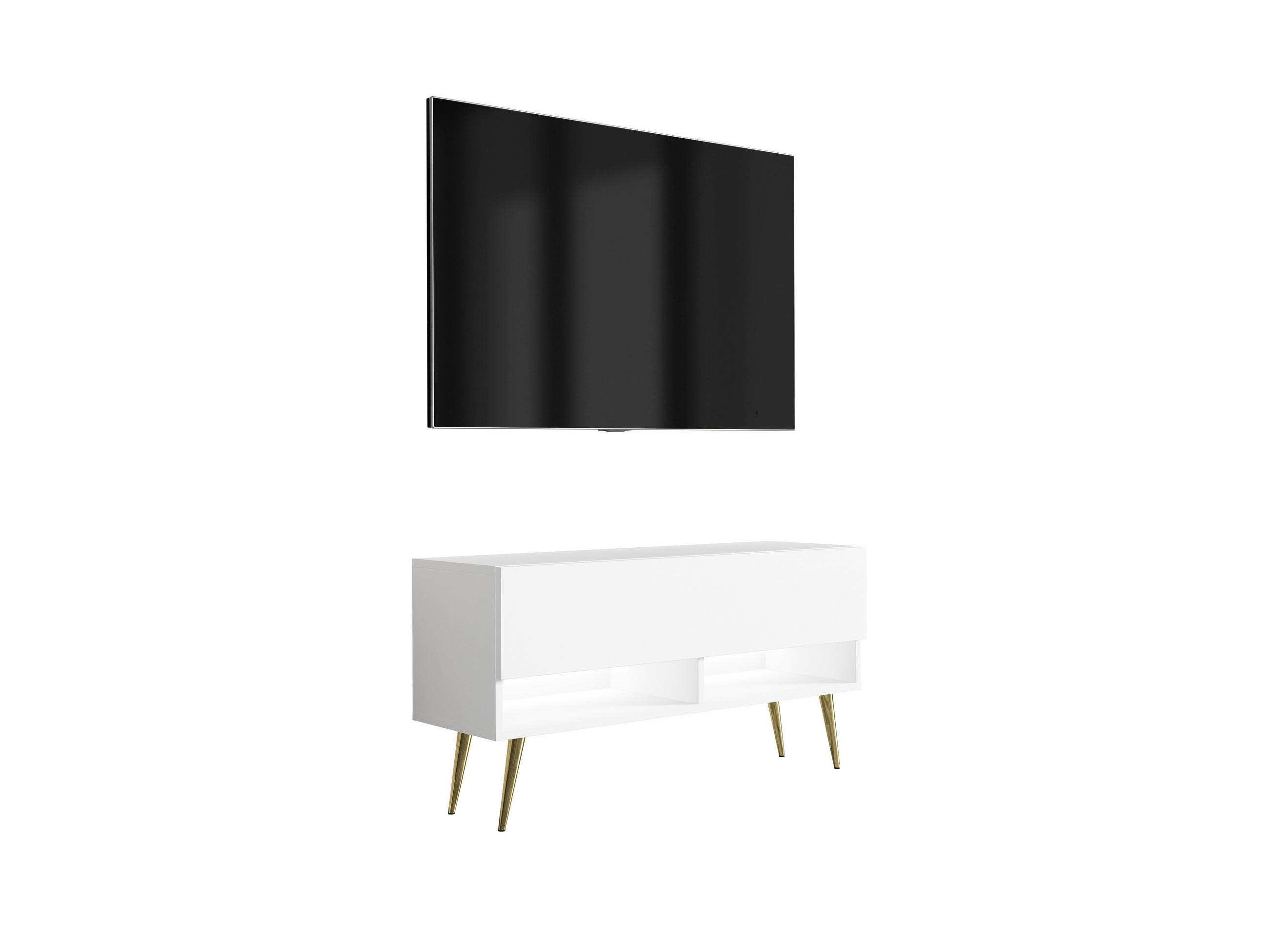 TV-LOWBOARD 100 cm Mattweiß, goldene schräge Beine, weiße LED, 100 × 32 × 52 cm - Weiß, Holzwerkstoff (100/52/32cm) - 3XE LIVING