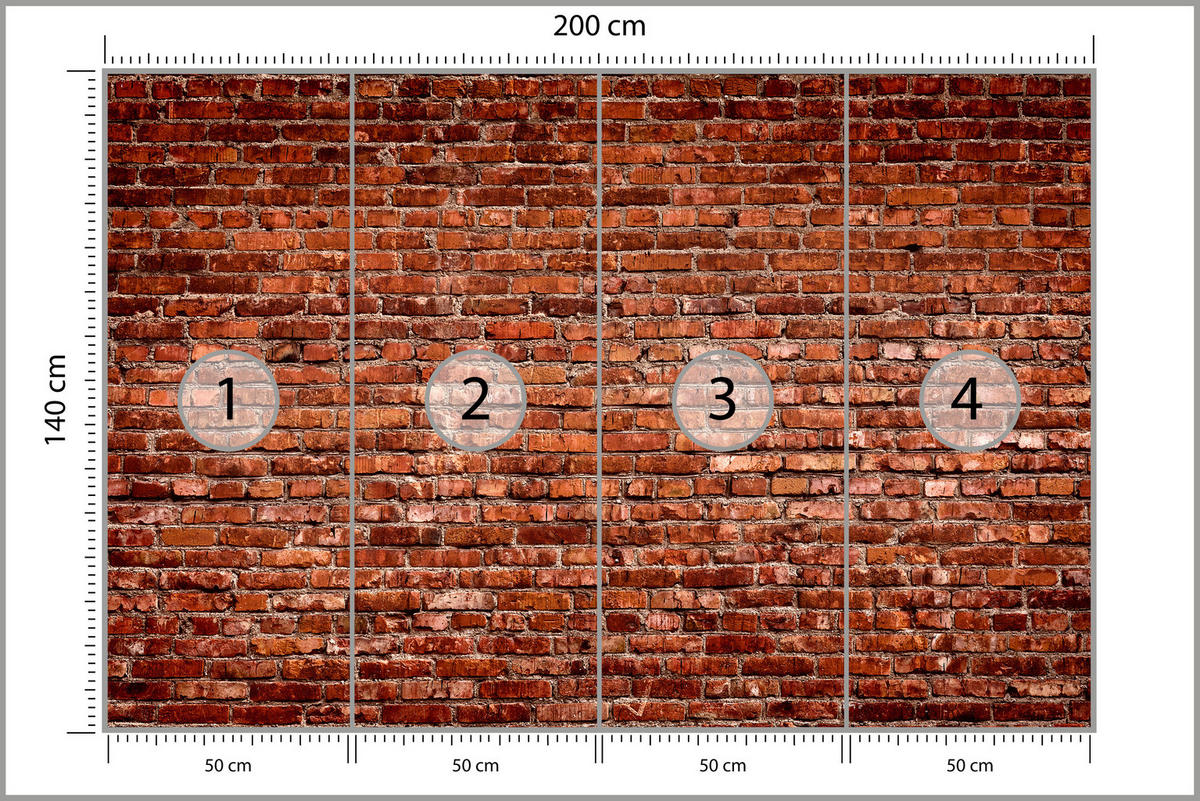 FOTOTAPETE für Wohnzimmer Alte Rote Ziegelwand Rustikal 200x140 - Rot/Orange, Papier (200/140cm) - Muralo