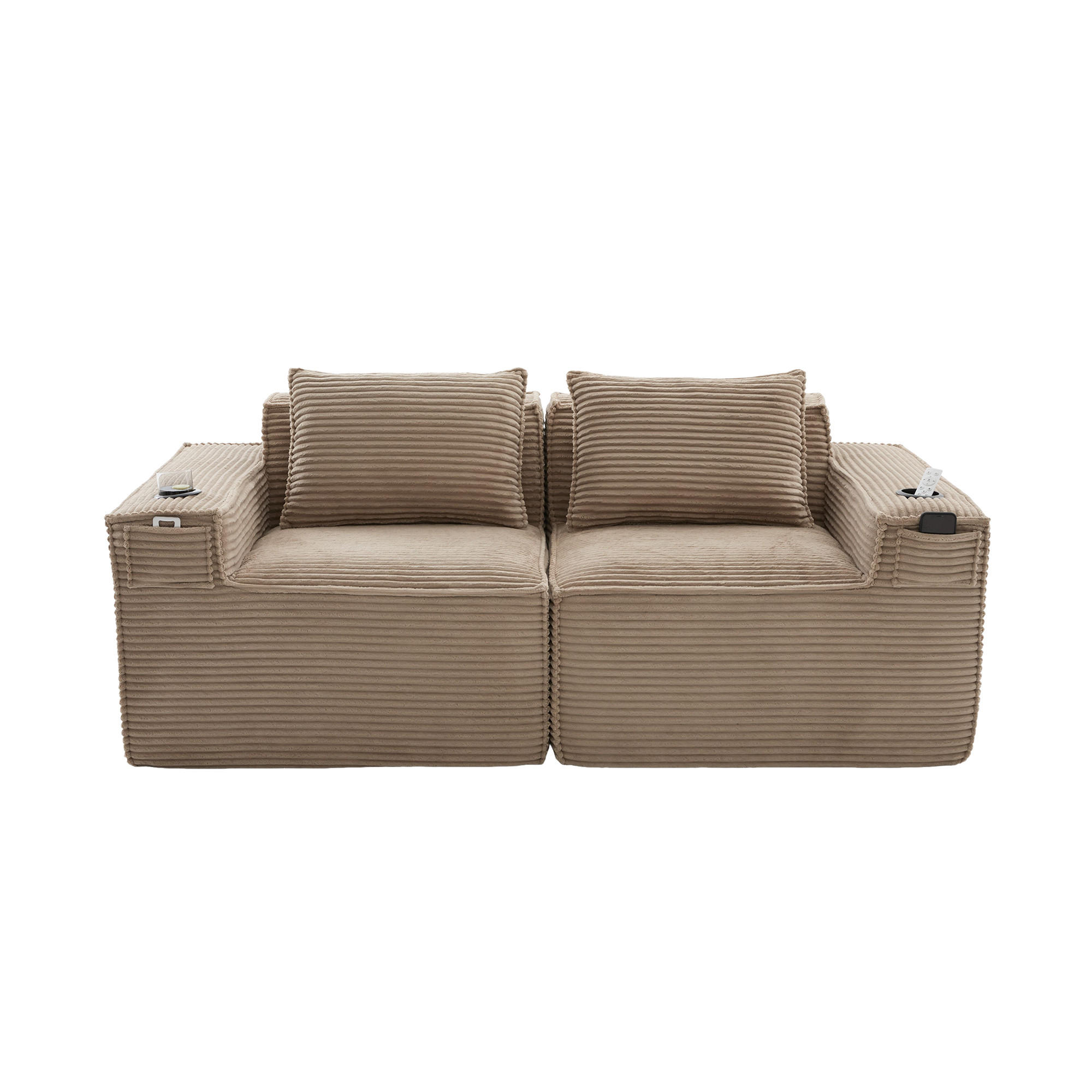 2-SITZER-SOFA DE-33835 modular mit Getränkehaltern Khaki - Sandfarben, Textil (188/75/90cm) - ComfortXL