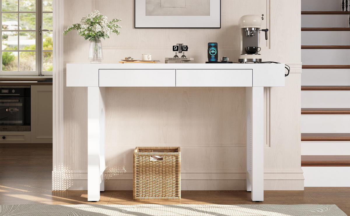 KONSOLENTISCH 120/35,5/76,5 cm Weiß aus MDF mit 2 Schubladen und Steckdosenleiste - Weiß, Holzwerkstoff (120/35.5/76.5cm) - OKWISH