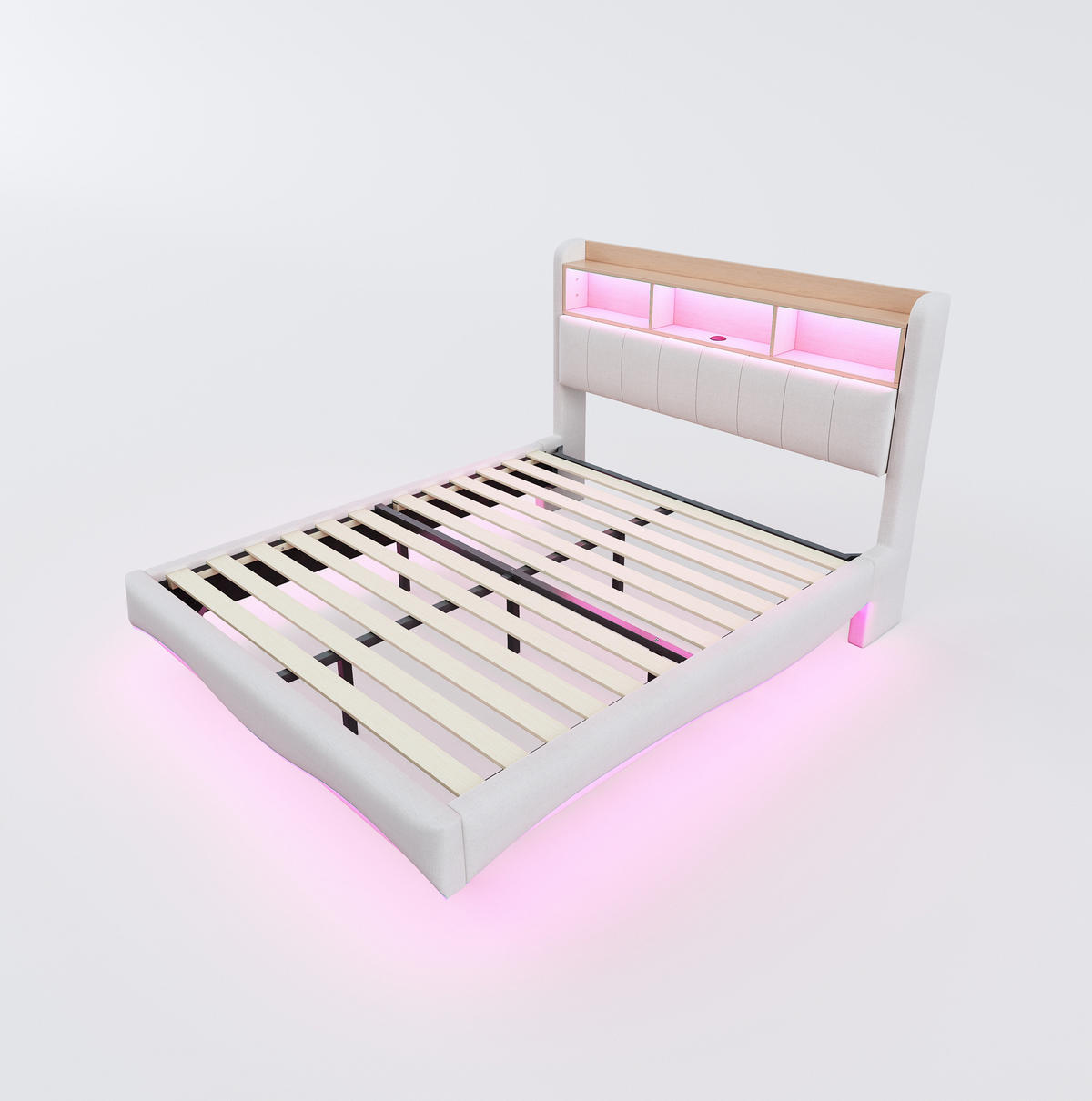 POLSTERBETT 160/200 cm aus Leinenstoff mit LED-Beleuchtung und USB- und Type-C-Anschlüssen beige - Beige, Textil (160/200cm) - OKWISH