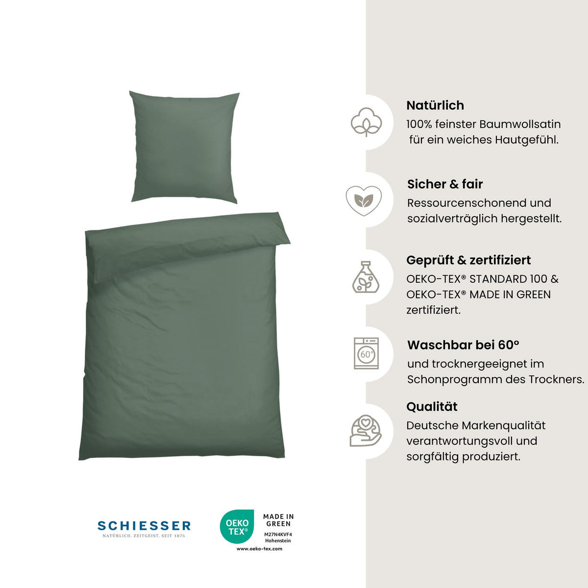 BETTWÄSCHESET Ella - Baumwollsatin - 2-teilig - 155 x 220 cm - Dunkelgrün - Dunkelgrün, Textil (155/220cm) - SCHIESSER