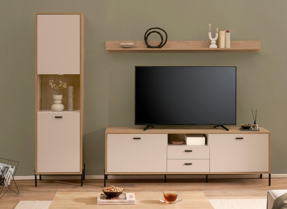 WOHNWAND Kaschmir, Eiche 259 cm 3-teilig, Wohnkombination mit Soft-Close - Kaschmir/Eichefarben, Glas/Holzwerkstoff (259/204/40cm) - Furn.Design