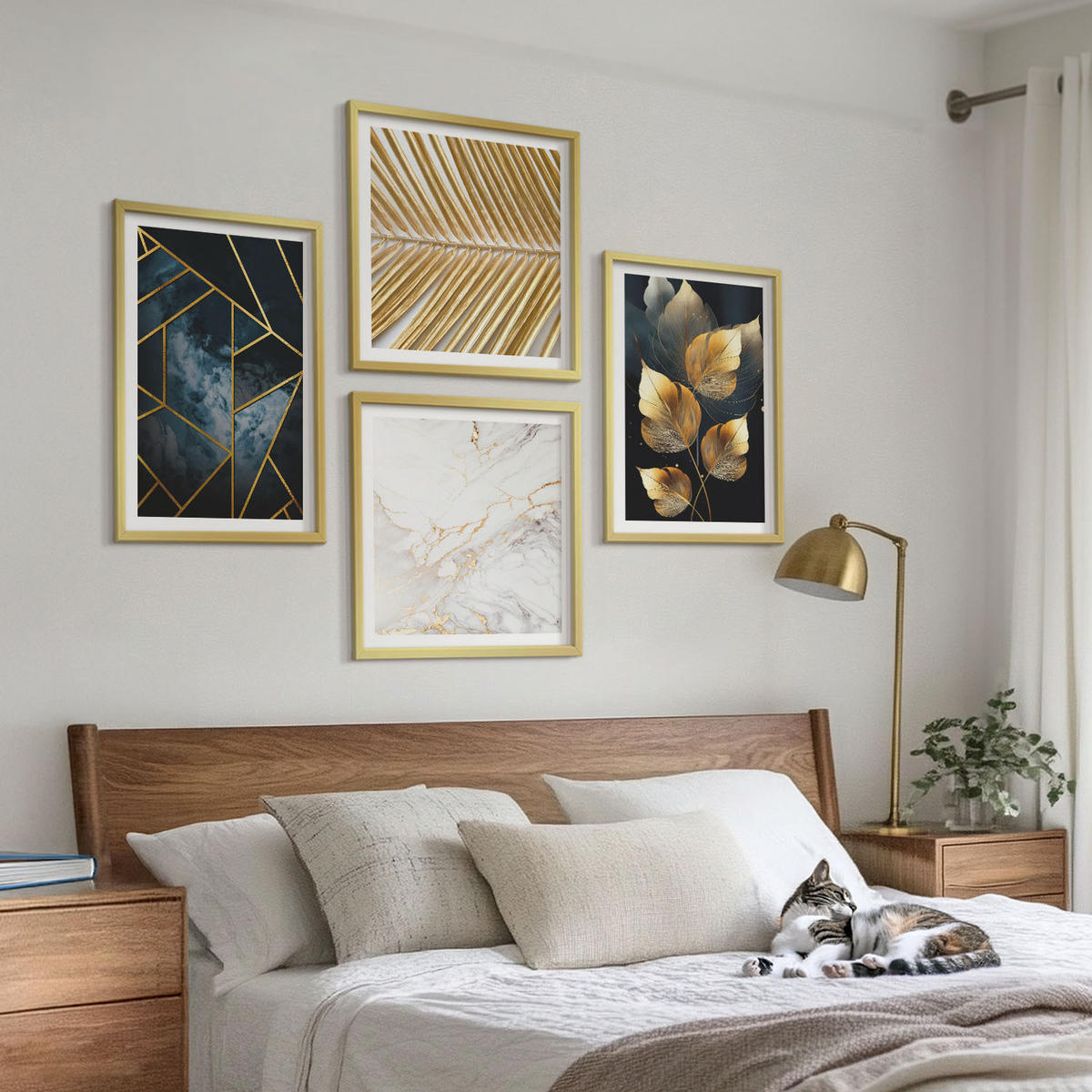 BILDER SET 4er Set - 50x50 cm & 40x60 cm Goldrahmen - Moderne Pflanzenmuster - Goldfarben, Kunststoff (50/50cm) - TULUP