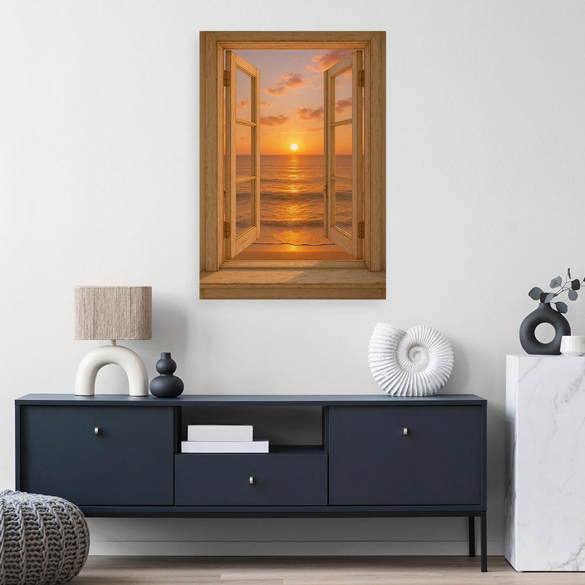 LEINWANDBILD Blick aus einem Fenster auf den Sonnenuntergang am Strand 40x60cm - Beige, Textil (40/60cm) - Feeby