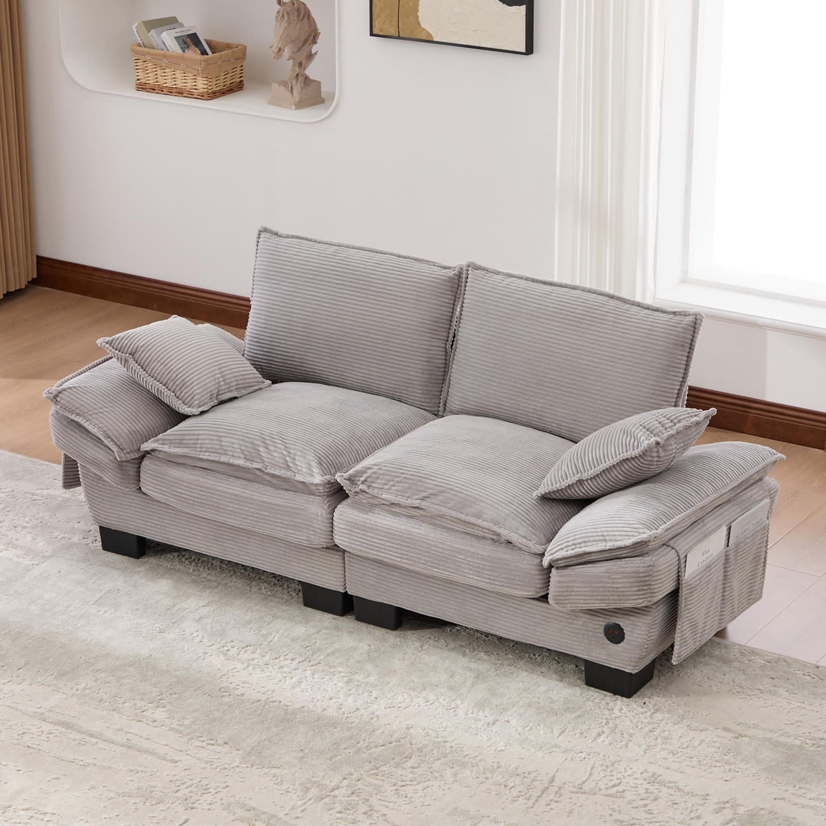 2-SITZER SOFA Cord Hellgrau mit USB-C und Seitentaschen - Hellgrau, Holzwerkstoff/Kunststoff (190/84/73cm) - WISHDOR