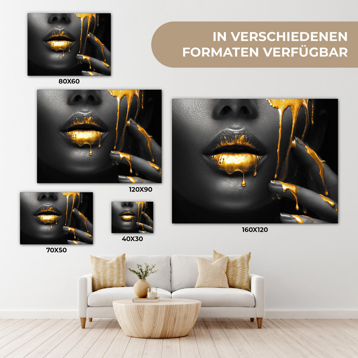 LEINWANDBILD Frau - Schwarz - Gold - Gesicht - Lippen 40x30 cm - Goldfarben, Textil (40/30cm) - MuchoWow