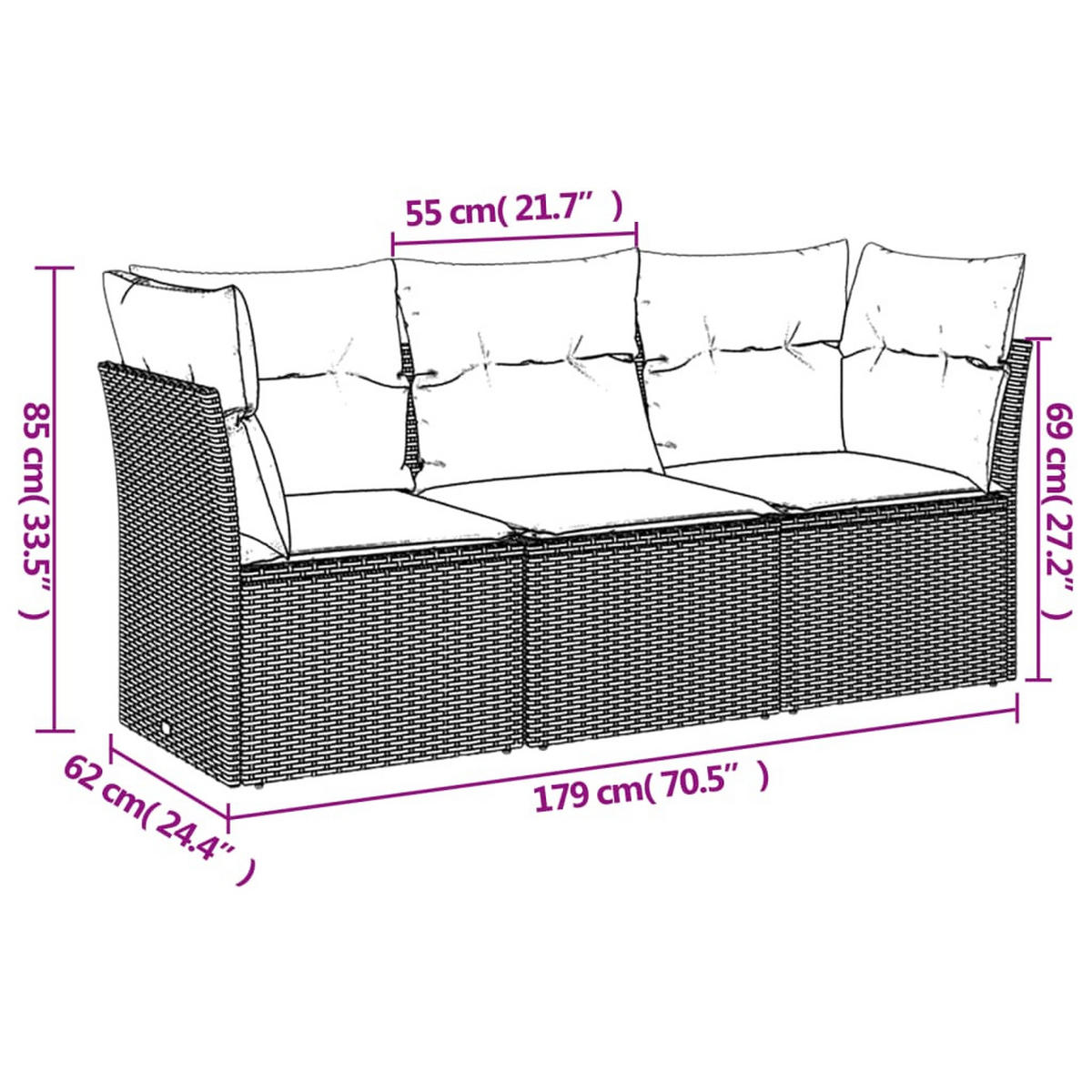 GARTEN-SOFAGARNITUR 3Er Set Mit Kissen Grau Poly Rattan - Grau, Kunststoff - vidaXL