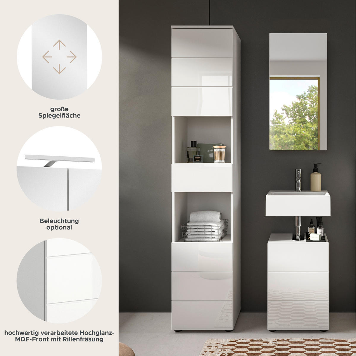 BADMÖBEL Set Vira 3tlg. Bad Kombination in Weiß (B/H/T: 91x190x34 cm) - Weiß, Holz (91/190/34cm)