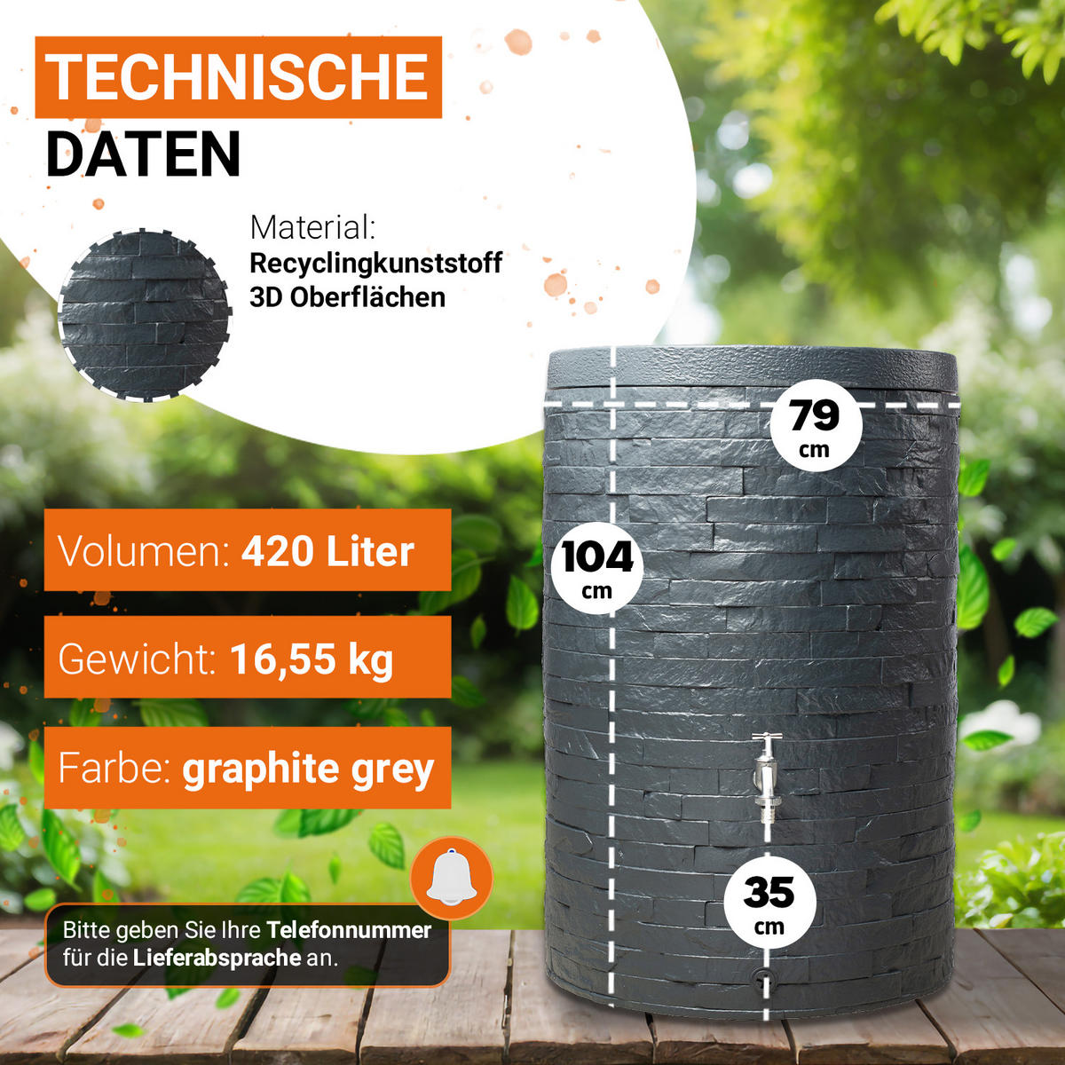 REGENTONNEN Komplett-Set 420 L graphite grey inkl. Chrom-Auslaufhahn und Fallrohranschluss - Grau, Kunststoff (79/104/79cm) - GARANTIA