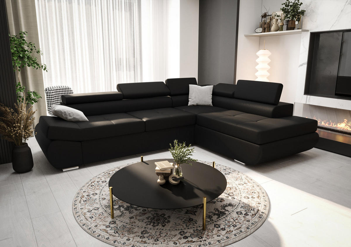 ECKSOFA KONGO RBN03, Eckcouch in L-Form mit Schlaffunktion, Farbe: Schwarz, Kunstleder, Ottomane Rechts - Schwarz, Textil (280/200cm) - O-Sofa