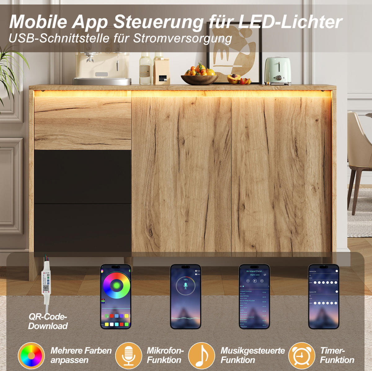 SIDEBOARD 120/40/76 cm mit LED-Beleuchtung, 3 Schubladen, 2 Türen und verstellbarem Einlegeboden aus Spanplatte, Natur/Schwarz - Schwarz, Holzwerkstoff (120/76/40cm) - Redom