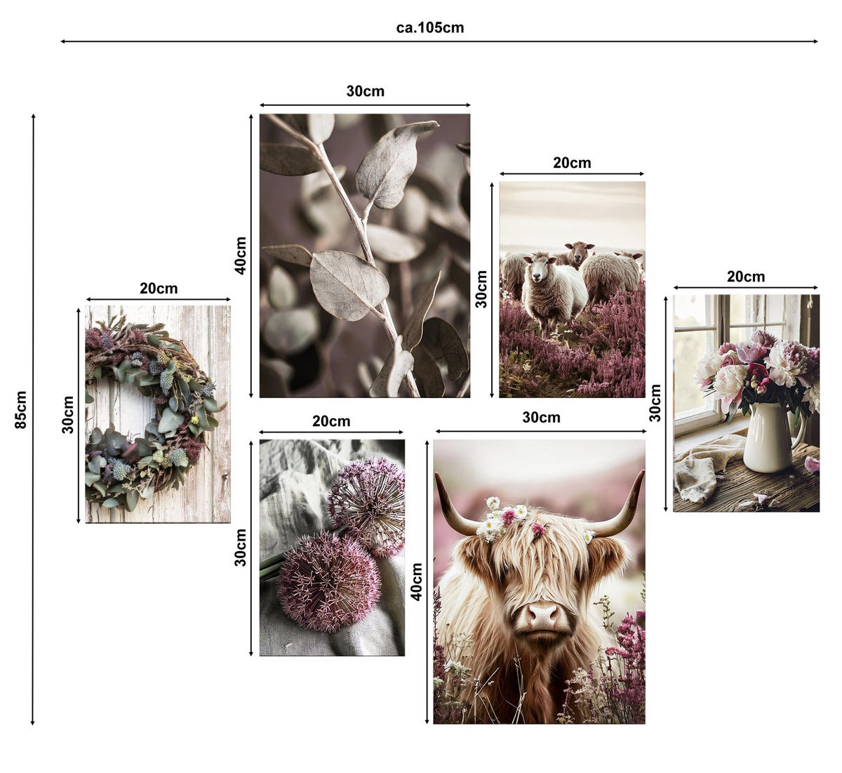 BILDERSET 6er-Set 30x40 cm + 20x30 cm Boho Landhaus - Beige, Kunststoff (105/85cm) - artissimo