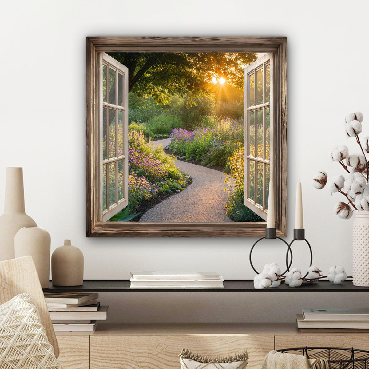 LEINWANDBILD Aussicht - Blumen - Natur - Sonne - Weg 50x50 cm - Hellgelb, Textil (50/50cm) - MuchoWow