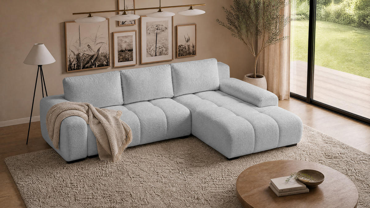 ECKSOFA Ovia mit Bettkasten und Schlaffunktion, Bouclé-Stoff in L-Form - Hellgrau, Textil (270/185cm)