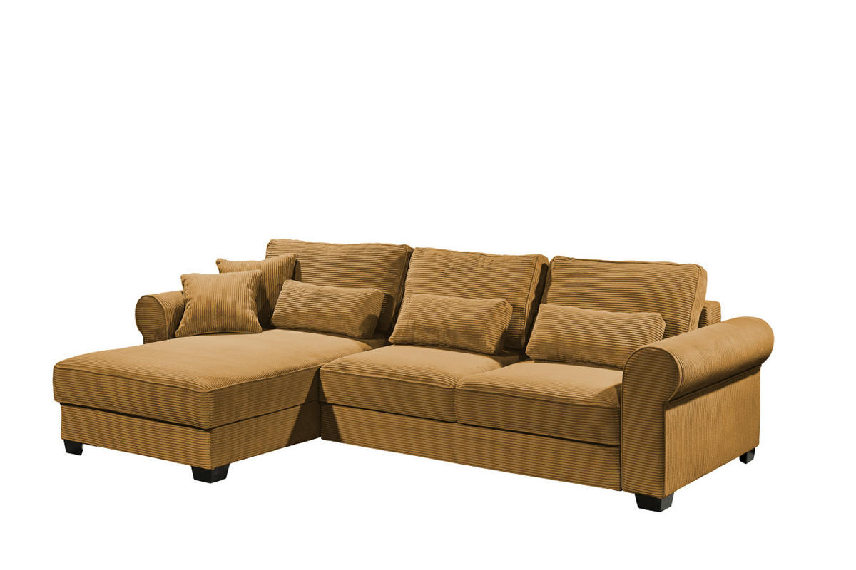 ECKSOFA beidseitig montierbar, Schlaffunktion mit Bettkasten und Nosagfederung in Breitcord - Gelb/Schwarz, Textil (318/197cm) - ed exciting design