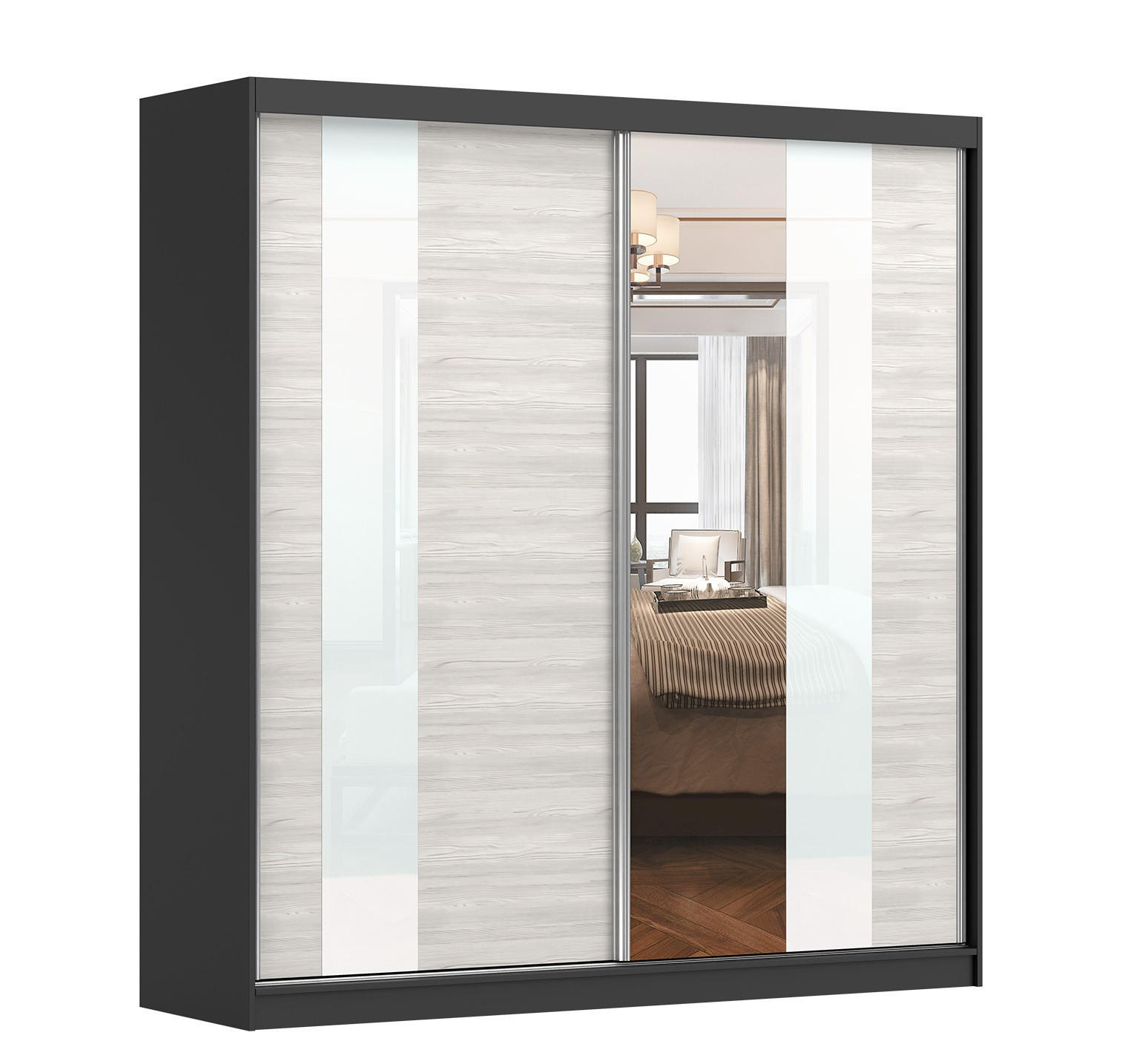 SCHWEBETÜRENSCHRANK Multi 32 Schwarz/Kathult Weiß, mit LED Beleuchtung 203 cm - Alufarben/Schwarz, Glas/Holzwerkstoff (203/218/61cm) - imoebel24