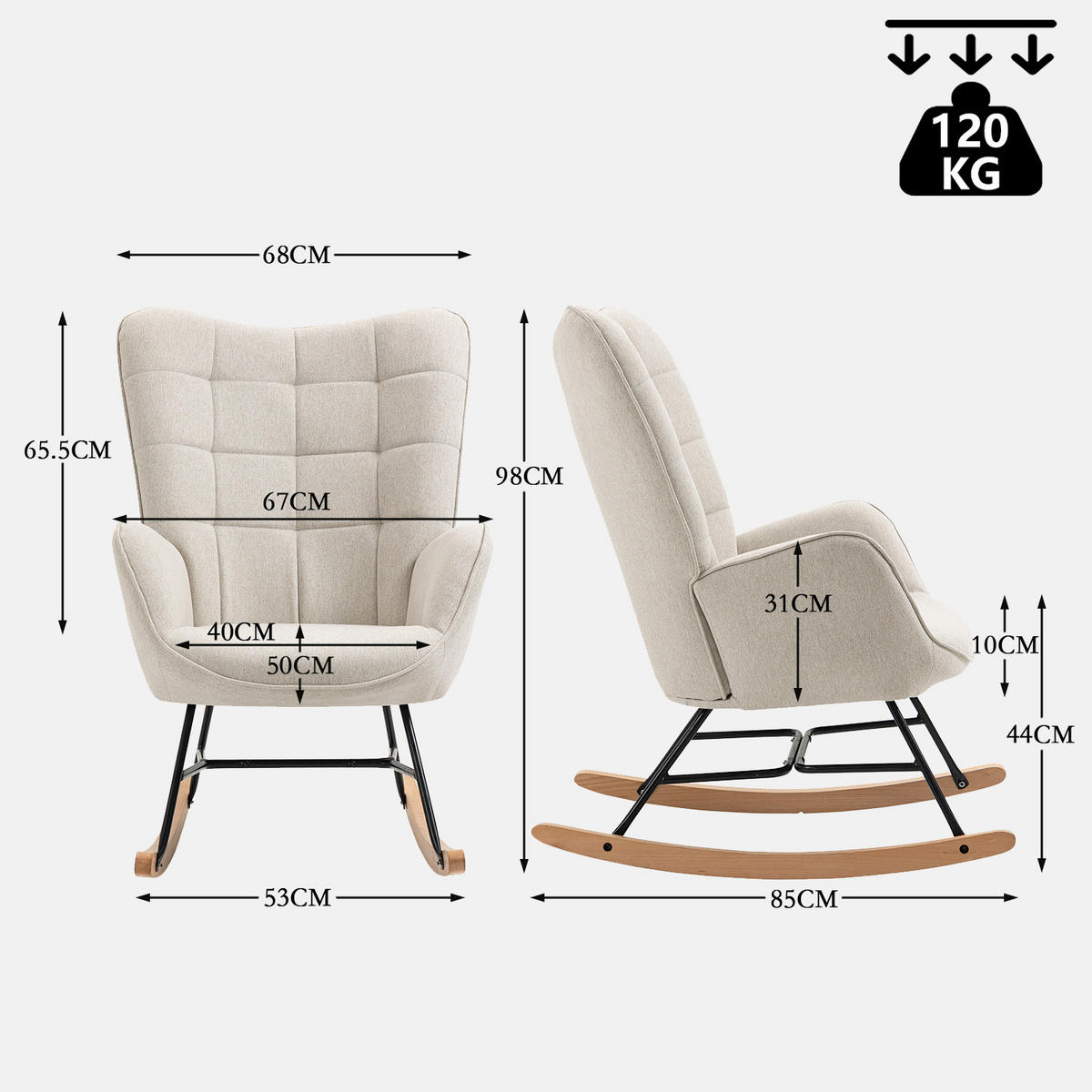 2ER Set Schaukelstuhl Massivholz, Beige - Beige, Textil (66/98/84cm) - Meubles Cosy