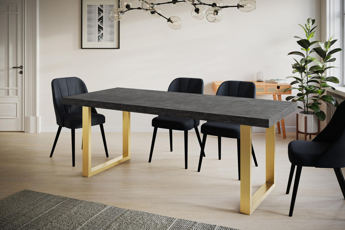 ESSZIMMERTISCH LOFT-U, ausziehbarer Tisch 120-220X80X77 cm, Farbe: Dunkelgrau, mit Metallbeinen in Farbe Gold - Dunkelgrau/Goldfarben, Holzwerkstoff (120/80/77cm) - Alpi-Möbel