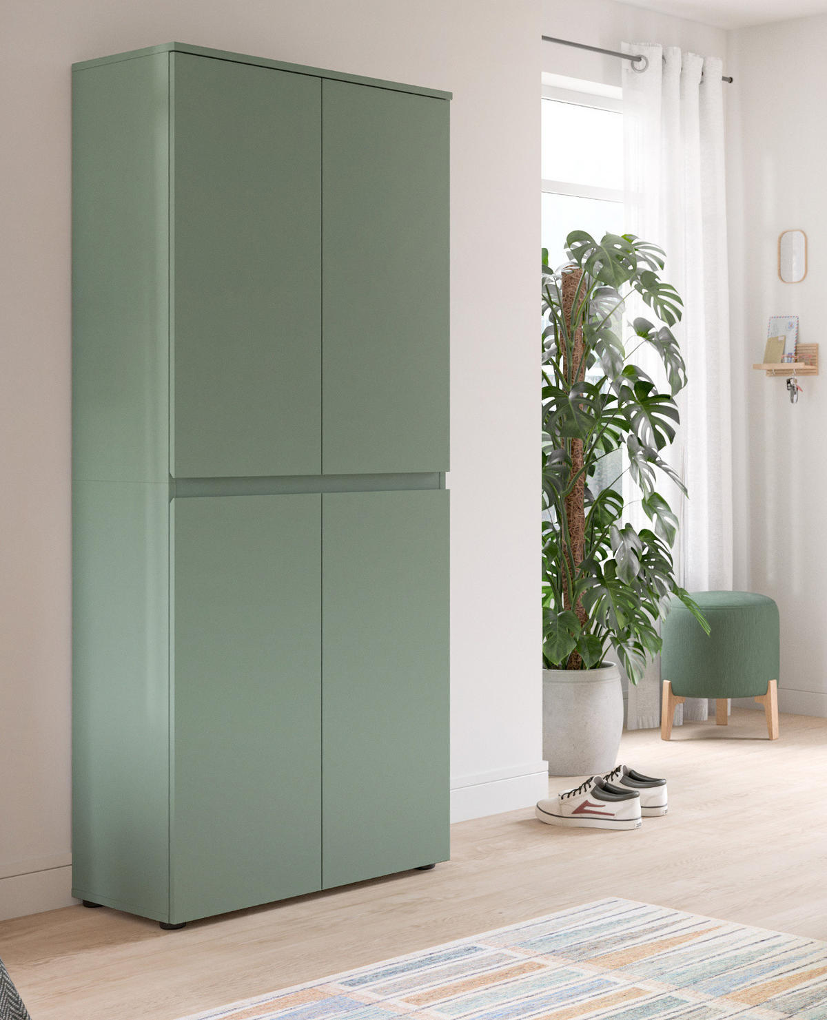 MEHRZWECKSCHRANK grün 70 x 175 cm, Stauraumschrank 4-türig mit 9 Fächern - Schwarz/Grün, Holzwerkstoff/Kunststoff (70/175/37cm) - Inn.Furn