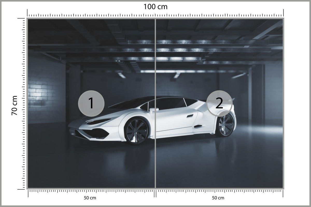 FOTOTAPETE für Jugendzimmer Weißes Sportwagen Untergrundgarage Modern 100x70 - Schwarz/Weiß, Papier (100/70cm) - Muralo