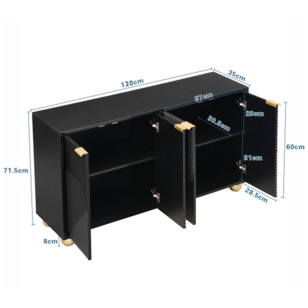SIDEBOARD mit gravierten Türen und Golddekorelementen schwarz 120×35×71,5 cm aus MDF - Schwarz, Holzwerkstoff (120/71.5/35cm) - Luhomfu