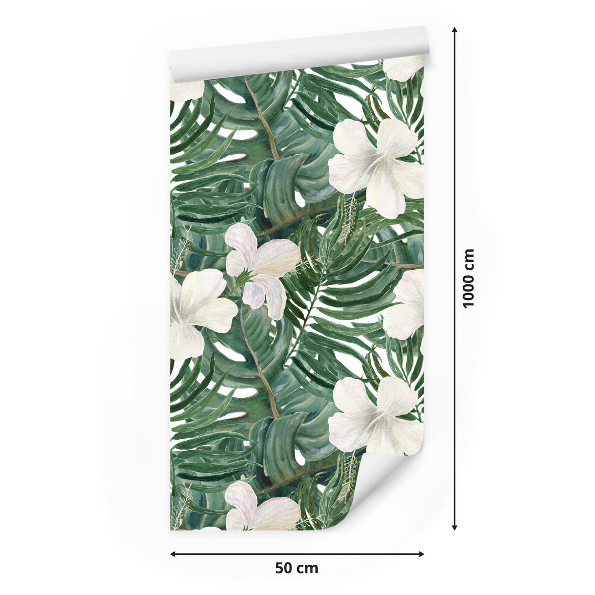 VLIESTAPETE Monstera und Hibiskusblüten – Grün, Weiß – 50x1000 cm - Weiß/Grün, Papier (50/1000cm) - Muralo