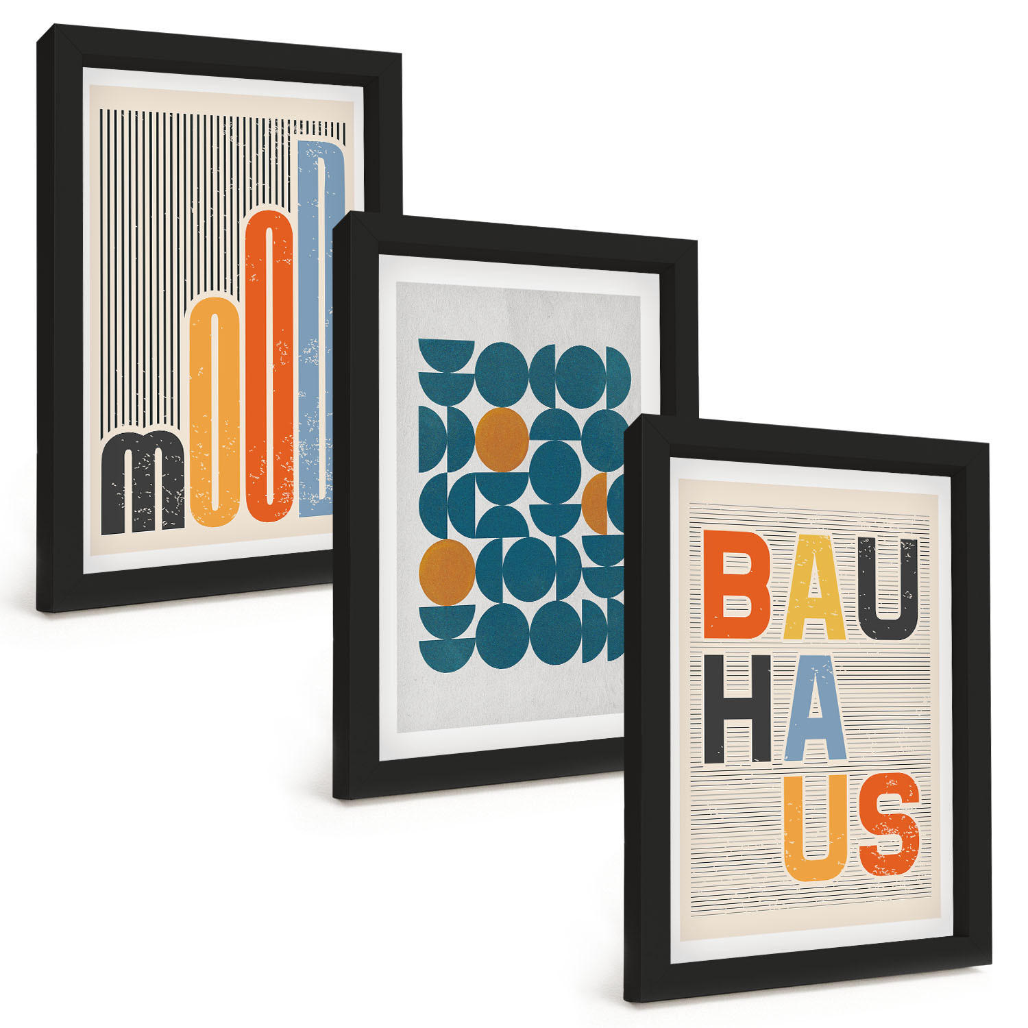 BILDER SET 3er Set - 20x30 cm Schwarzer Rahmen - Geometrische Muster im Bauhaus-Stil - Schwarz, Kunststoff (20/30cm) - TULUP