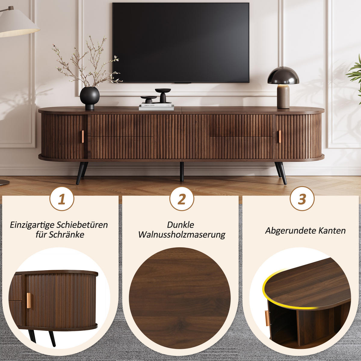 TV-SCHRANK Oval Lowboard Nussbaum 180cm 4 Schubladen Modern - Walnussfarben, Holzwerkstoff (180/45/40cm) - FLIEKS