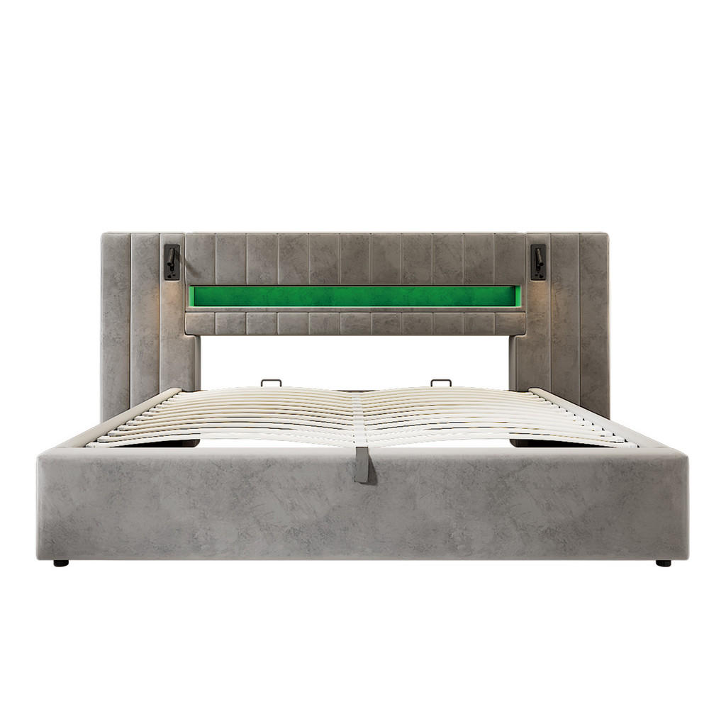 PAT TAPIȚAT 180 x 200 cm cu Port USB în Catifea Gri PAT TAPIȚAT 180 x 200 cm cu Port USB în Catifea Gri