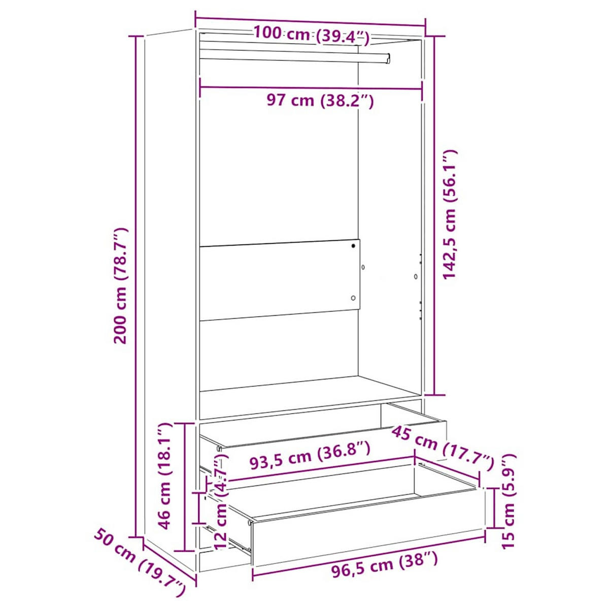 KLEIDERSCHRANK Weiss 100/50/200 Cm Holzwerkstoff - Weiß, Holzwerkstoff (50/200/100cm) - vidaXL