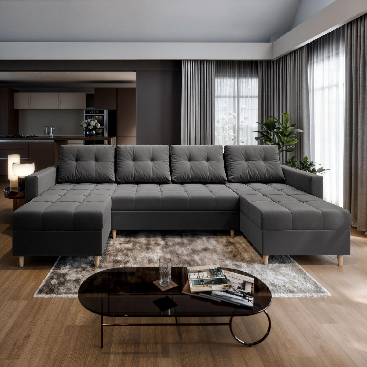 WOHNLANDSCHAFT MILO U Grau Plüsch-Stoff mit Schlaffunktion - Grau, Holz (285/91/140cm) - MASSENO