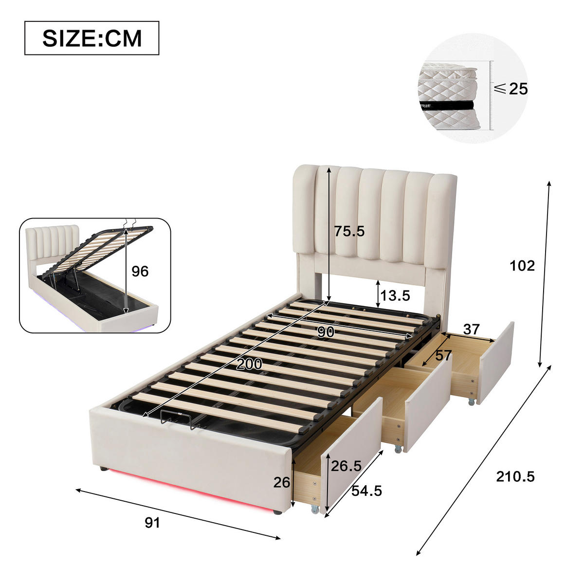 STAURAUMBETT 90/200 cm DE-32718 mit mit hydraulischem Stauraum und LED Beige - Beige, Holzwerkstoff (90/200cm) - ComfortXL